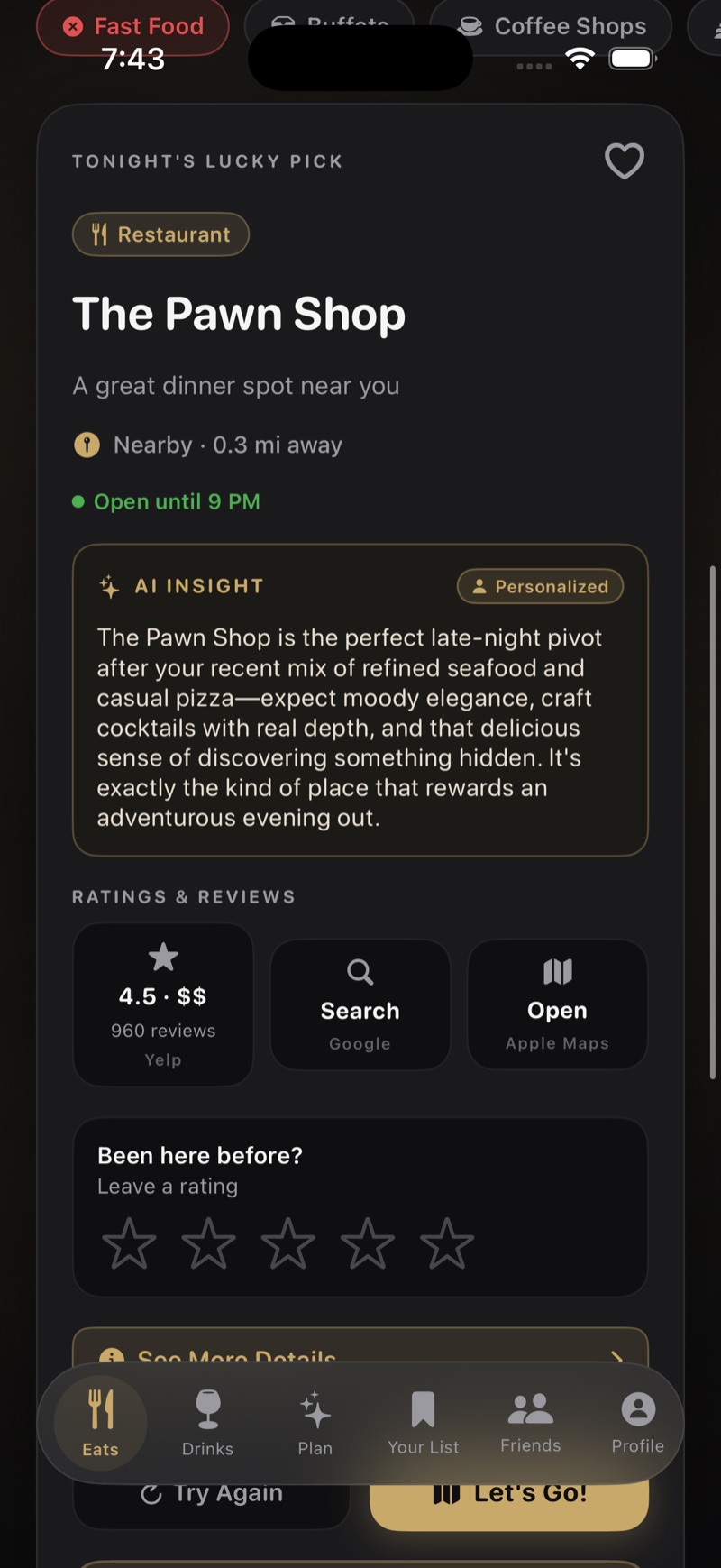 A completed LuckyFork pick showing the venue, why it fits you, ratings, and one-tap directions