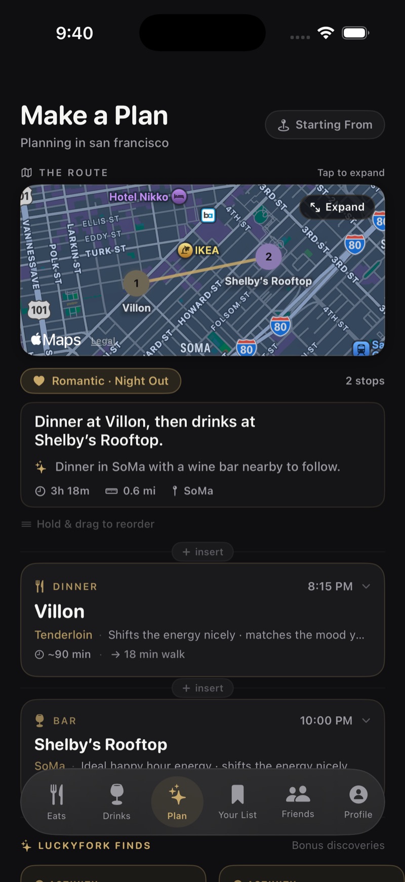A LuckyFork date-night plan: dinner at Villon, then drinks at Shelby’s Rooftop